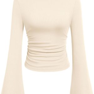 PRETTYGARDEN Women's Long Sleeve Shirts 2025 Fall Crop Going Out Tops Casual Boat Neck Bell Sleeve Ribbed Ruched Y2K Clothes