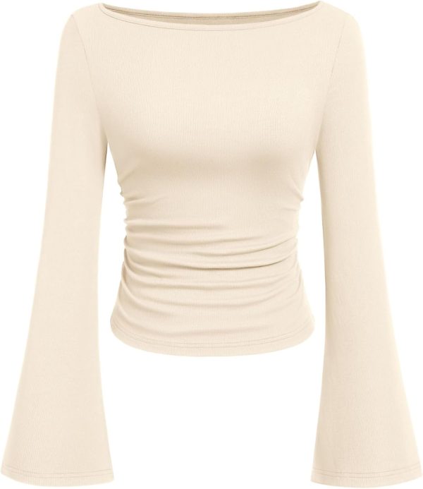 PRETTYGARDEN Women's Long Sleeve Shirts 2025 Fall Crop Going Out Tops Casual Boat Neck Bell Sleeve Ribbed Ruched Y2K Clothes