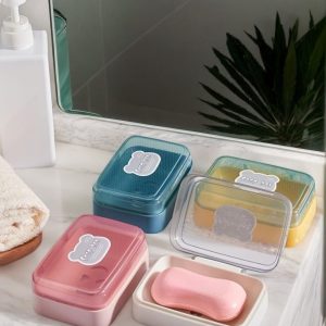 White Soap Dish with Lid - Self Draining Bathroom Organizer, Decorative Pattern, Compact & Stylish