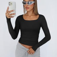 Trendy Queen Womens Long Sleeve Shirts Crop Tops Fall Fashion 2025 Square Neck Going Out Basics Tees Y2k Clothes - Image 2