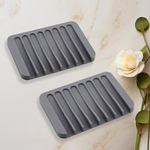 2Pcs Silicone Soap Dish Holder for Shower Bathroom and Kitchen Sinks Self-Draining Waterfall Design Non-Slip Feature Wash Basin Soaps Coaster Holders ​Grey 8