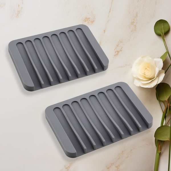2Pcs Silicone Soap Dish Holder for Shower Bathroom and Kitchen Sinks Self-Draining Waterfall Design Non-Slip Feature Wash Basin Soaps Coaster Holders ​Grey 8