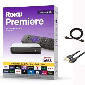 Roku 3920RW-SW Premiere - 4K/HDR Streaming Media Player, Enabled with Premium High Speed HDMI Cable & Simple Remote, Wi-Fi, with HDMI Cable and USB Extension Cord
