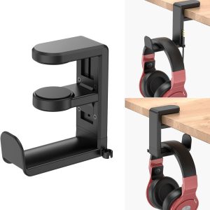 EURPMASK Rotating Headphone Stand - PC Gaming Headset Holder, Adjustable Clamp-on Under Desk Hanger With 360 Degree Swivel & Cable Clip Organizer - Black
