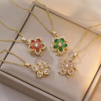 Copper Rotating Flower Pendant Necklaces for Women, Gold Five Petal Flower Jewelry Gifts for Wedding Party Birthday - Image 2