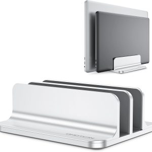 OMOTON [Updated Dock Version] Vertical Laptop Stand, Double Desktop Stand Holder with Adjustable Dock (Up to 17.3 inch), Fits All MacBok/Surface/Samsung/HP/Dell/Chrome Book (Silver)