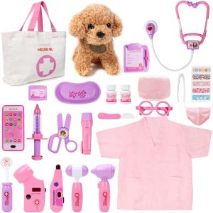 Meland Toy Doctor Kit for Girls - Pretend Play Doctor Set with Dog Toy, Carrying Bag, Stethoscope Toy & Dress Up Costume - Doctor Play Gift for Kids Toddlers Ages 3 4 5 6 Year Old for Role Play