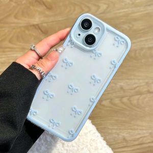 EYZUTAK Case for iPhone 15, Clear Cute Ribbon Bowknot Pattern Aesthetic Transparent Phone Case Raised Camera Protection Stylish Slim Soft Durable TPU Protective Cover for Women Girls - Blue