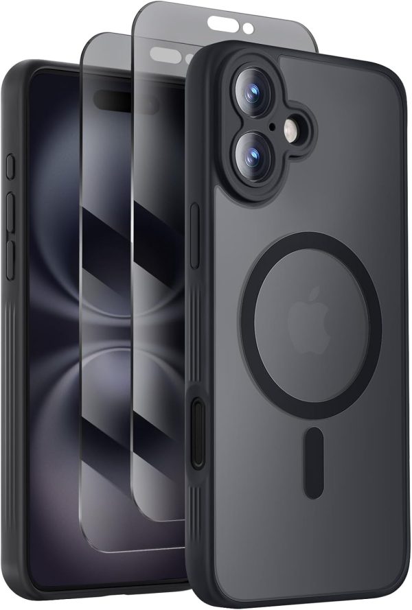 Designed for iPhone 16 Plus Case, Compatible with MagSafe, with Privacy Screen Protectors X2, [Camera Protection] [15FT Military Drop Protection] Shockproof Phone Case, 6.7", Black