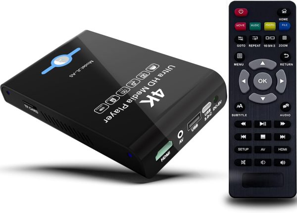 4K Ultra HD Media Player & HDD Enclosure 2-in-1 - Play H.265/HEVC H.264/AVC MP4 MKV Videos MP3 Music JPG Photos, 4K 60fps HDMI, Analog AV Etc,Supports 2"/2.5"/3" SATA HDDs with USB/SD Card Expansion