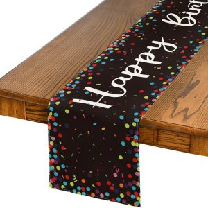 Black Polka Dot Happy Birthday Table Runner, Seasonal Kitchen Dining Table Decoration for Home Party Decor 13x72 Inch