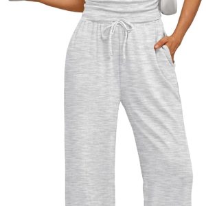 Trendy Queen 2 Piece Matching Summer Sweatsuit Lounge Set Womens Wide Leg Pants Side Ruching Crop Top Sets