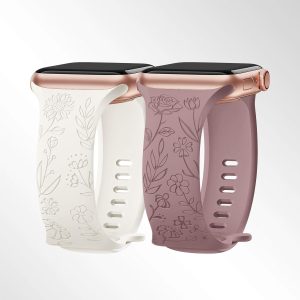 2 Pack Floral Engraved Watch Band Compatible with Apple Watch Band 38mm 40mm 41mm 42mm 44mm 45mm 46mm 49mm for Women, Silicone Rose Flower Pattern Sport Band for iWatch Series 10 9 8 7 6 5 4 3 2 1 SE
