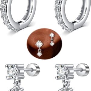 Silver Earrings for Women Flat Back Earrings Hypoallergenic Earrings for Women Surgical Steel Earrings Small Hoop Earrings for Women Silver Cartilage Earring Helix Jewelry Second Hole Earrings Set