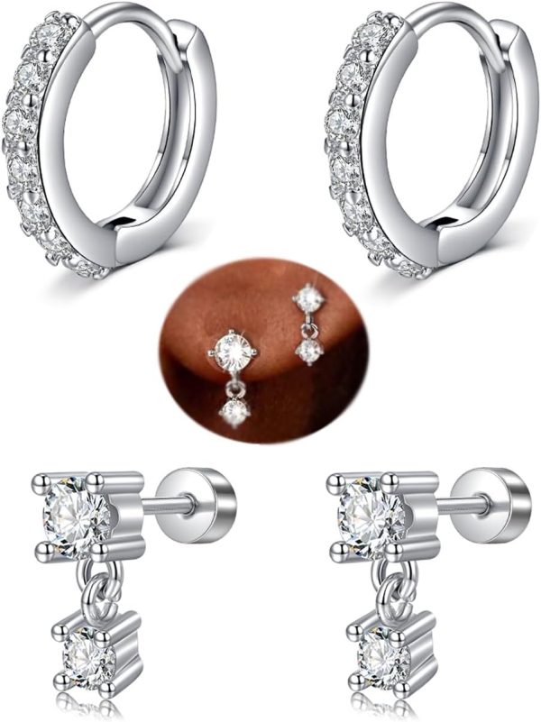 Silver Earrings for Women Flat Back Earrings Hypoallergenic Earrings for Women Surgical Steel Earrings Small Hoop Earrings for Women Silver Cartilage Earring Helix Jewelry Second Hole Earrings Set