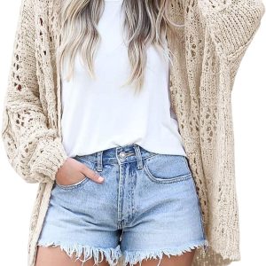 Mafulus Women's Crochet Cardigan Kimono Boho Long Sleeve Lightweight Soft Oversized Open Front Knitted Sweater