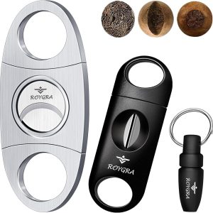 roygra Cigar Cutter Set (3 Pack), Cigar Accessories for Men - Stainless Steel Guillotine, Enlarged V-Cut Fit All Cigars, Punch Tool - Smoking Accessories, Portable Sharp Clean Cut - Silver