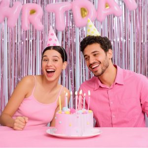 Laser Pink Tinsel Foil Fringe Curtains 2 Pack, Valentines Day Pink Decorations, Metallic Tinsel Party Streamers Backdrop for Birthday Bachelorette Graduation Wedding Party Decorations