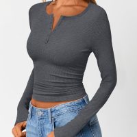 Trendy Queen Womens Long Sleeve Shirts 2025 Henley Casual Fall Outfits Fitted Cotton Tops Ribbed Fashion Cute Basic Tees - Image 3