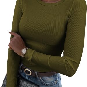 Zeagoo Womens Long Sleeve Stretch Crewneck Ribbed T-Shirt Slim Fit Casual Basic Tops S-XXL