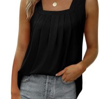 Saloogoe Summer Tank Tops for Women Loose Fit Pleated Square Neck Sleeveless Tops Curved Hem Flowy - Image 2