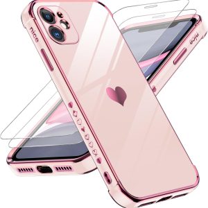 LeYi for iPhone-11 Phone Case: 2 Pack Screen Protector, Wireless Charging, Full Camera Lens Protection, Love Heart Plating Women Cute Luxury Shockproof Cover funda para i Phone iohone iphone11, Pink