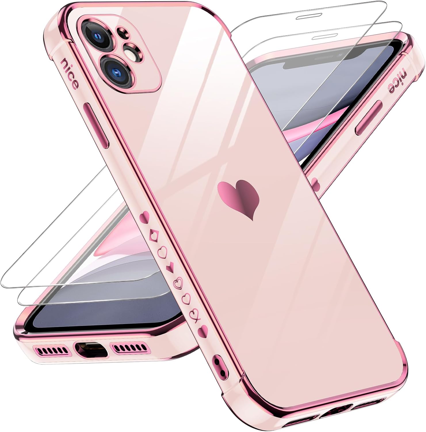 LeYi for iPhone-11 Phone Case: 2 Pack Screen Protector, Wireless Charging, Full Camera Lens Protection, Love Heart Plating Women Cute Luxury Shockproof Cover funda para i Phone iohone iphone11, Pink