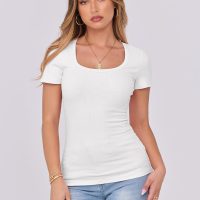 ANRABESS Women Short Sleeve Tops Scoop Neck Ribbed Knit Slim Fitted Basic Tee Shirts Casual Summer Clothes 2025 Fall Outfits - Image 3