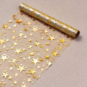 1Roll Gold Star Sequin Tablecloth - 11x108 Inches Polyester, Sparkling Design, Golden