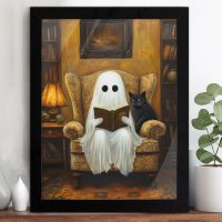 Spooky Ghost Cat Wall Art Poster Gothic Ghost Reading Desktop Print Picture Dark Academia Framed Painting for Home Reading Room Wall Table Shelf Decor 6x8 Inches - Image 3