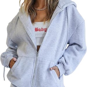 Trendy Queen Womens Zip Up Hoodies Oversized Sweatshirts Fall School Fashion Outfits Casual Jackets 2025 Winter Clothes