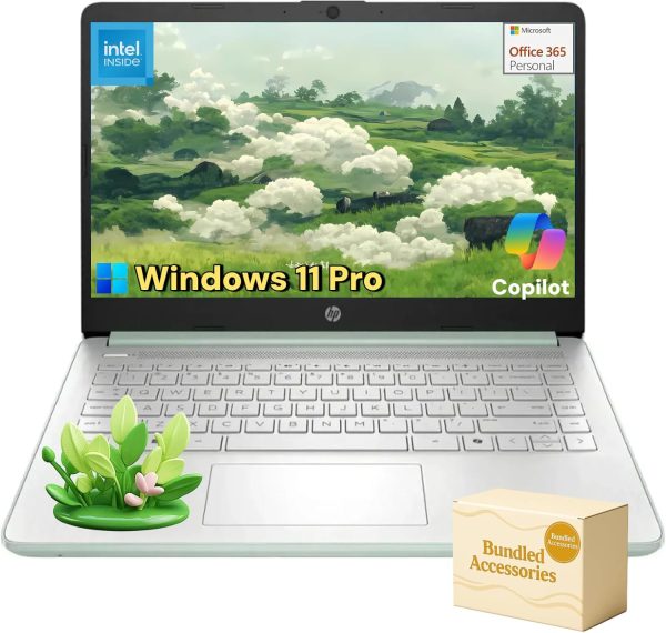 HP 14" Student Business Laptop - Windows 11 Pro • 1-Year Office 365 • Intel Quad-Core N150 • HD Anti-Glare Display • Wi-Fi 6 • Copilot+ PC • Green • 16G RAM • 128G UFS + 256GB Micro SD Card