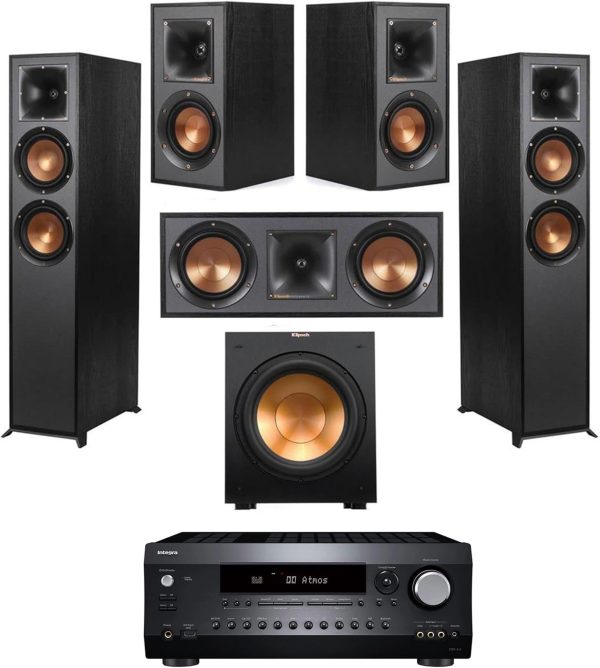 Klipsch Reference 5.2 Home Theater System, Bundle w/ 2X R-26FA Floorstanding Speaker, R-25C Center Speaker, R-41M Bookshelf, R-12SW Subwoofer & Integra DRX 3.4 100W 9.2-Channel 8K