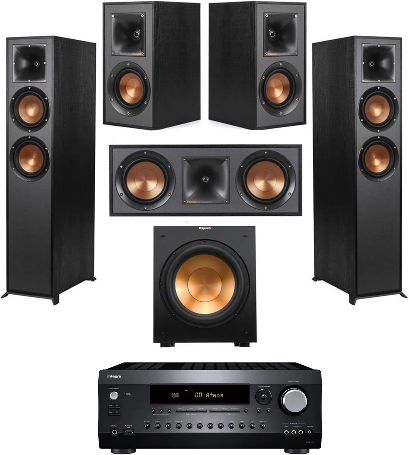 Klipsch Reference 5.2 Home Theater System, Bundle w/ 2X R-26FA Floorstanding Speaker, R-25C Center Speaker, R-41M Bookshelf, R-12SW Subwoofer & Integra DRX 3.4 100W 9.2-Channel 8K
