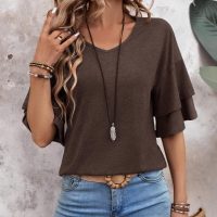 Womens Top Ruffle Sleeve Blouses V Neck T Shirts Casual Outfit Bell Sleeve Tee Spring Fall Summer Fashion Clothes Cute Tunic - Image 3
