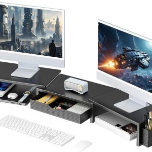 gianotter Dual Monitor Stand Riser, Desk Organizer With Drawer and 2 Pen Holders, Computer Monitor Stand, Desk Shelf for Top of Desk, Balck