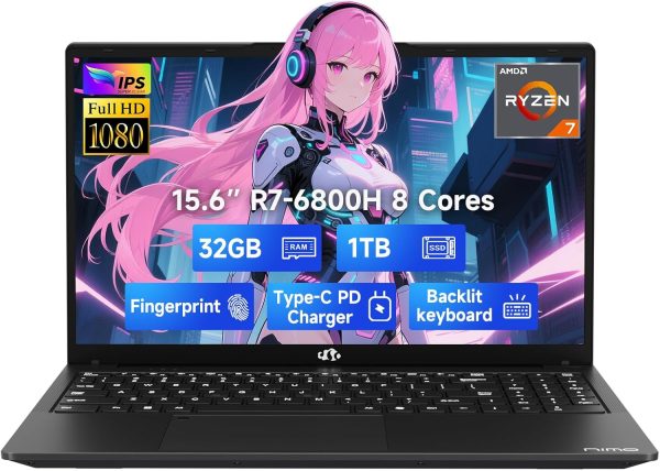 NIMO 15.6" IPS FHD-Gaming-Laptop, 8 Cores AMD Ryzen 7 6800H 32GB DDR5 RAM 1TB SSD (Beat i7-12700H, Up to 4.7GHz) AMD Radeon 680M GPU-Computer with 100W GaN Type-C Backlit Keyboard Fingerprint
