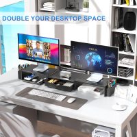 gianotter Dual Monitor Stand Riser, Desk Organizer With Drawer and 2 Pen Holders, Computer Monitor Stand, Desk Shelf for Top of Desk, Balck - Image 3