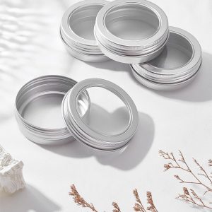 4Pcs Aluminium Tin Cans, Column Storage Boxs with PET Clear Window Empty Tin Storage Containers for DIY Dry Storage Spices Tea Candy Party Favors, 6.95x2.35cm