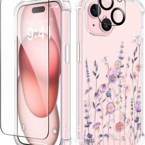 GVIEWIN for iPhone 15 Plus Case, [3 in 1] with Screen Protector & Camera Lens Protector, Clear Soft Shockproof Slim Fit Floral Phone Cover for Women Girls 2023 6.7" (Floratopia/Colorful)