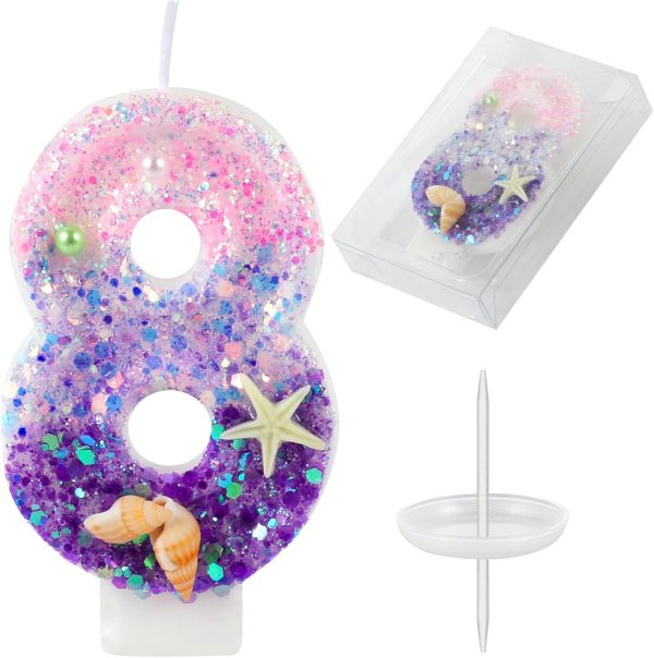 Birthday Candles, Pink and Purple Number 8 Candles Decorated with Conchs Starfish and Pearls for Mermaid Theme Party Cake Topper Supplies (Number 8)