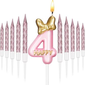 BBTO Number 4 Birthday Candle Pink Birthday Candle Girl with 10 Pieces Pink Candles Long Thin Cupcake Candles in Holders for Cake Topper Birthday Baking Decor Supplies