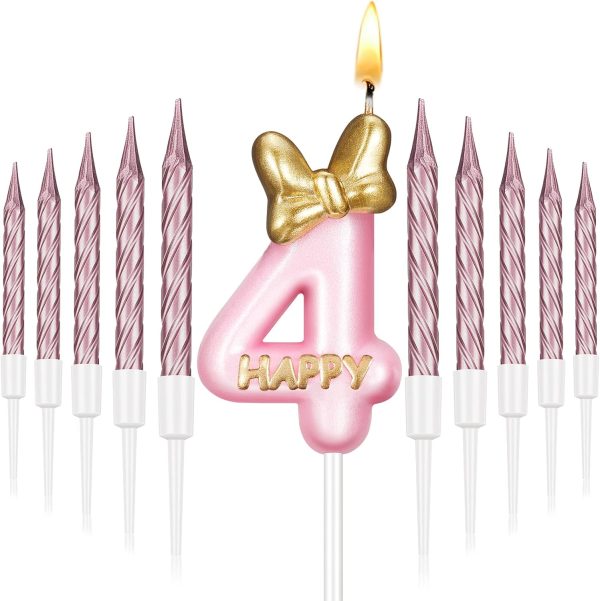 BBTO Number 4 Birthday Candle Pink Birthday Candle Girl with 10 Pieces Pink Candles Long Thin Cupcake Candles in Holders for Cake Topper Birthday Baking Decor Supplies