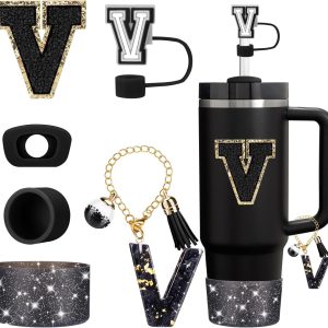 Mity rain 6PCS Cup Accessories Set for Stanley Cup 30oz 40oz tumbler with handle, Black Accessories Including Straw Topper, Boot, Spill Proof Stopper, Handle Charm, Initials Sticker(Letter V)