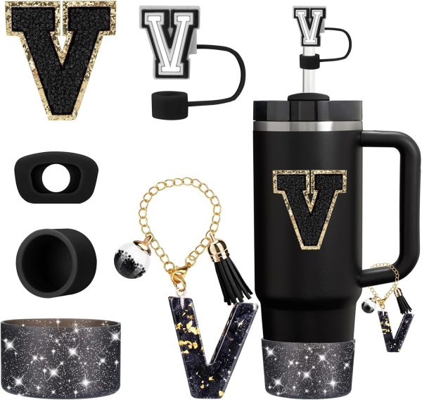 Mity rain 6PCS Cup Accessories Set for Stanley Cup 30oz 40oz tumbler with handle, Black Accessories Including Straw Topper, Boot, Spill Proof Stopper, Handle Charm, Initials Sticker(Letter V)