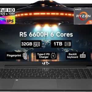 15.6 Business-gaming-Laptop, 6-Cores AMD Ryzen 5 6600H 660M 6nm GPU, 32GB DDR5 1TB SSD(Beat i7-1165G7 up to 4.5GHz)100W Type-C FHD IPS Laptop-Computer with Fingerprint Backlit Keyboard WiFi5 Win11