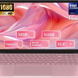 15.6" FHD Laptop Computer with Backlit Keyboard,32GB RAM 512GB SSD,Quad Core N95 Processor(Up to 3.4GHz),180 ° Angle Opening,Fingerprint Reader,8000mAh Battery,Webcam,WiFi 5,BT 4.2,Mini HDMI,USB 3.0