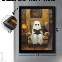 Spooky Ghost Cat Wall Art Poster Gothic Ghost Reading Desktop Print Picture Dark Academia Framed Painting for Home Reading Room Wall Table Shelf Decor 6x8 Inches - Image 4