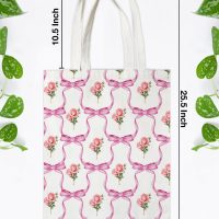 Coquette Bows Floral Canvas Tote Bag for Women Girls Pink Bows Roses Reusable Grocery Shoulder Bag for Shopping Work Travel - Image 2