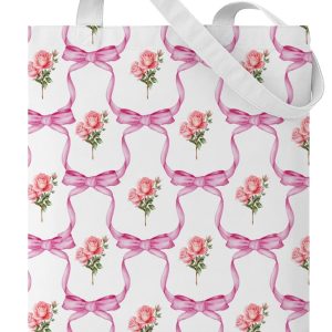 Coquette Bows Floral Canvas Tote Bag for Women Girls Pink Bows Roses Reusable Grocery Shoulder Bag for Shopping Work Travel